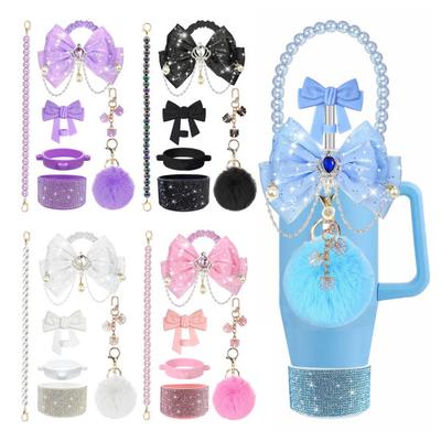 1 Set Cup Sleeve Sparkling Rhinestones Faux Pearls Bowknot Decor Cup Accessories with Silicone Bottom