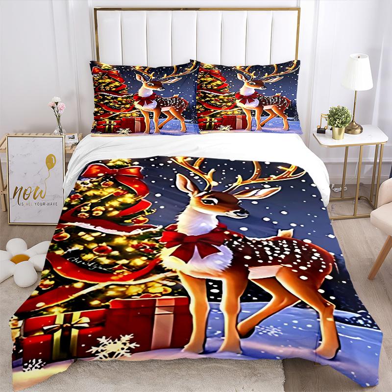 3pcs Christmas Deer Bedding Set with Red Bow - Festive Decor for Bedroom and Guest Room - Includes One Quilt Cover and Two Pillowcases (No Core) - Ani