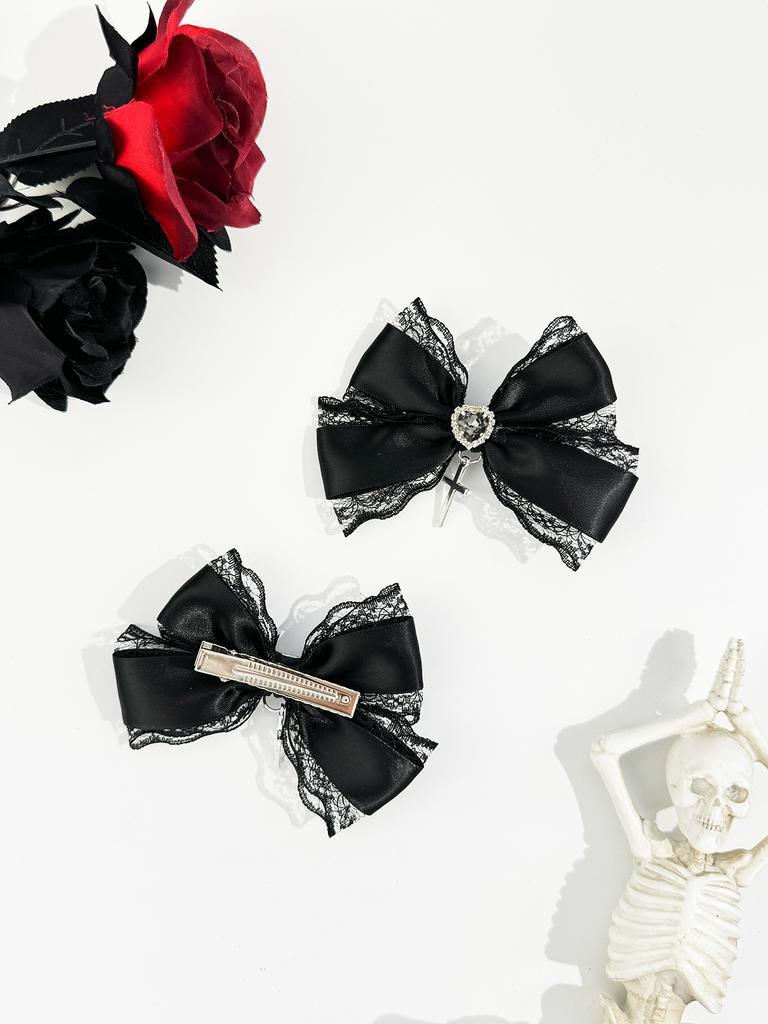 2pcs/set Gothic Style Heart-shaped Cross Lace Bow Hair Clip, Women's Landmine Series, Mass-produced Lolita Hair Accessory
