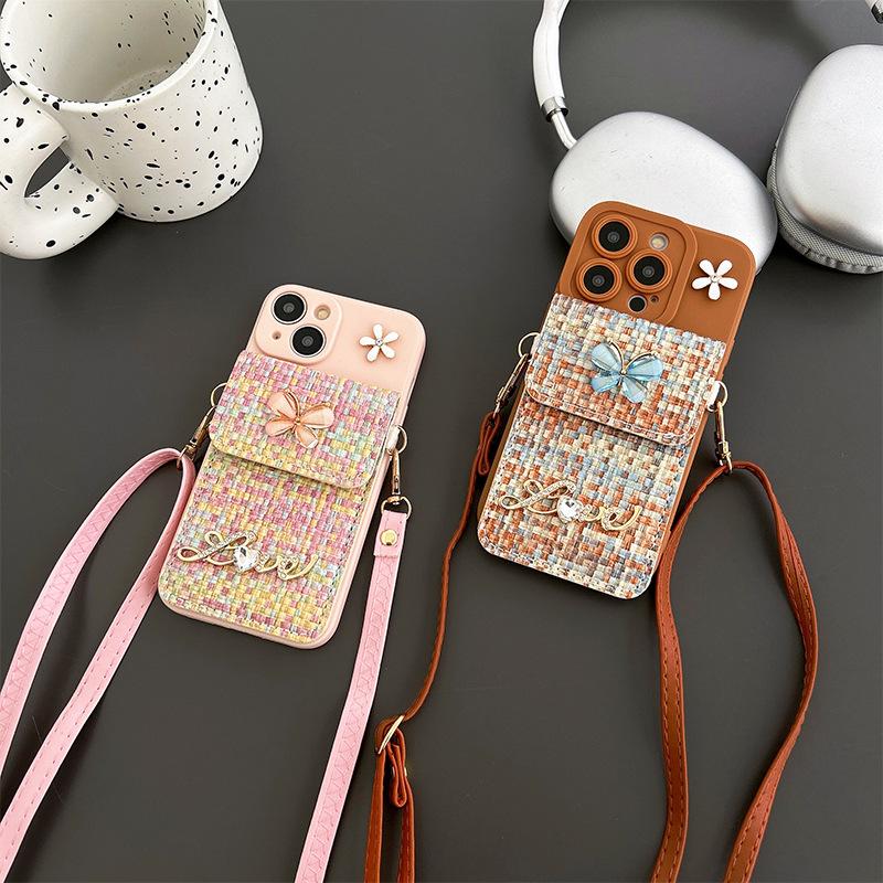 Applicable To Iphone16Promax Mobile Phone Case Apple 17 Butterfly Flower Plaid Change Bag Card Bag Messenger Rope 14