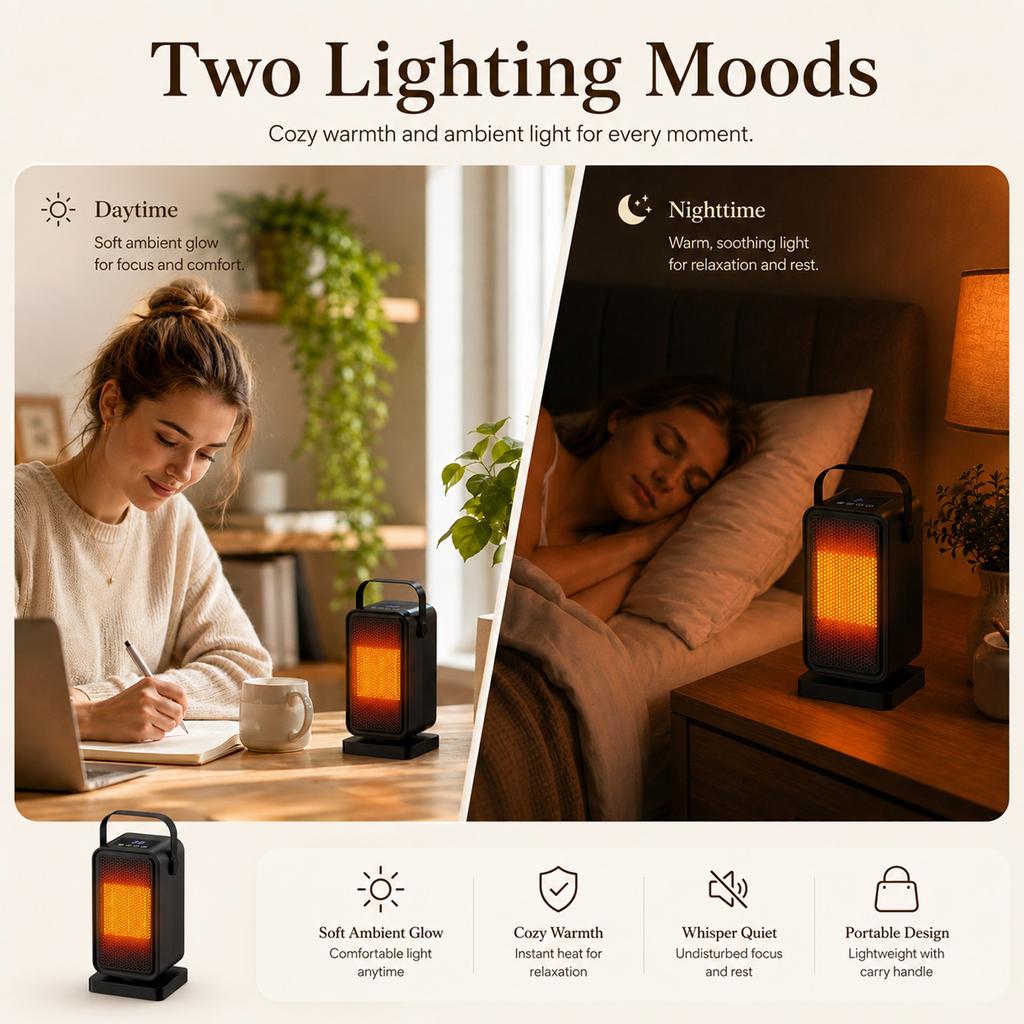 Compact 800W Ceramic Heater for Bedroom, Portable Fan Heater for Home Indoor Use