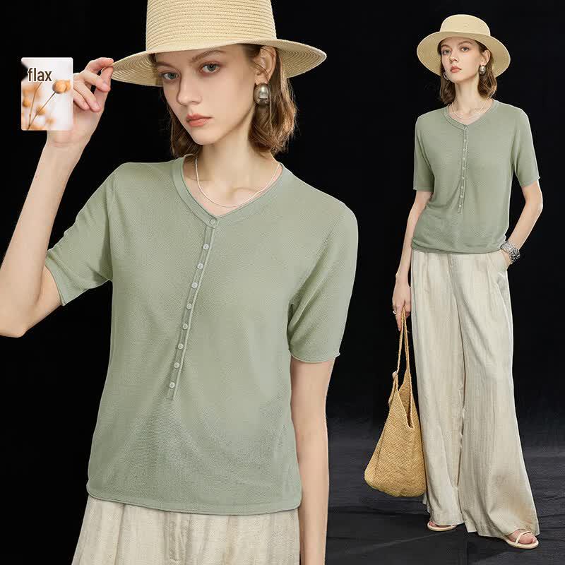 Wudao Women s Tencel Linen Blend Half-Placket Knit T-Shirt L