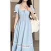 Summer new lace splicing square neck dress women's French design feeling waist and thin holiday style medium and long skirt
