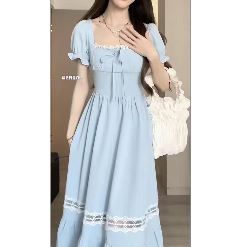 Summer new lace splicing square neck dress women's French design feeling waist and thin holiday style medium and long skirt