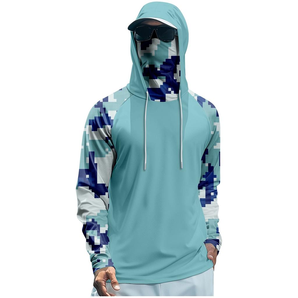 Herre Performance Fiske Raglan Hettegenser - UPF 50+ UV Langermet Solbeskyttende Skjorte med Nettingvisir