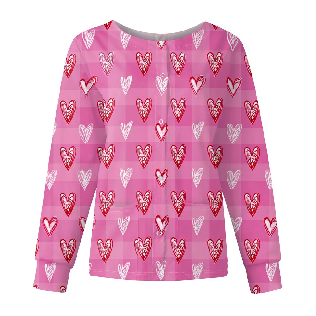 Women's Casual Fashion Long Sleeve Standing Collar Single Breasted Valentine's Day Print Workwear Jacket Tops