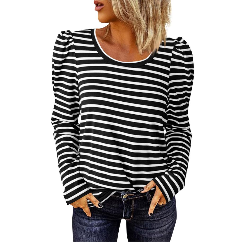 Women's Long Sleeve Lapel V Neck Striped Loose Tops Sweatshirt, Long Sleeve Color Block T-Shirt Casual Tops