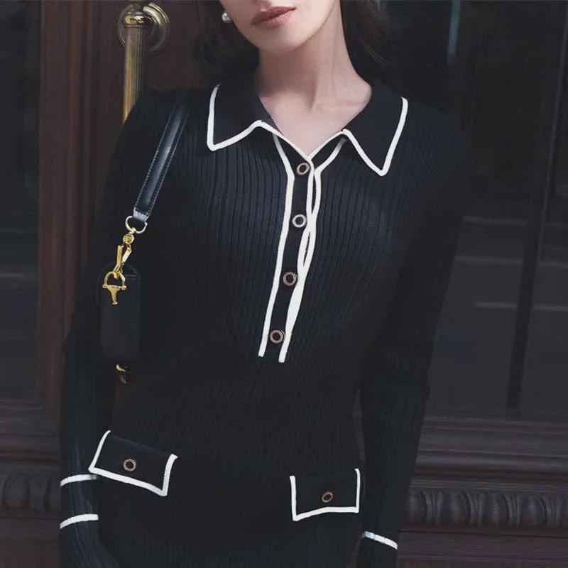 European-American Luxury Ruffled Knit Dress: Autumn Mid-Length with Lapel & Trumpet Sleeves
