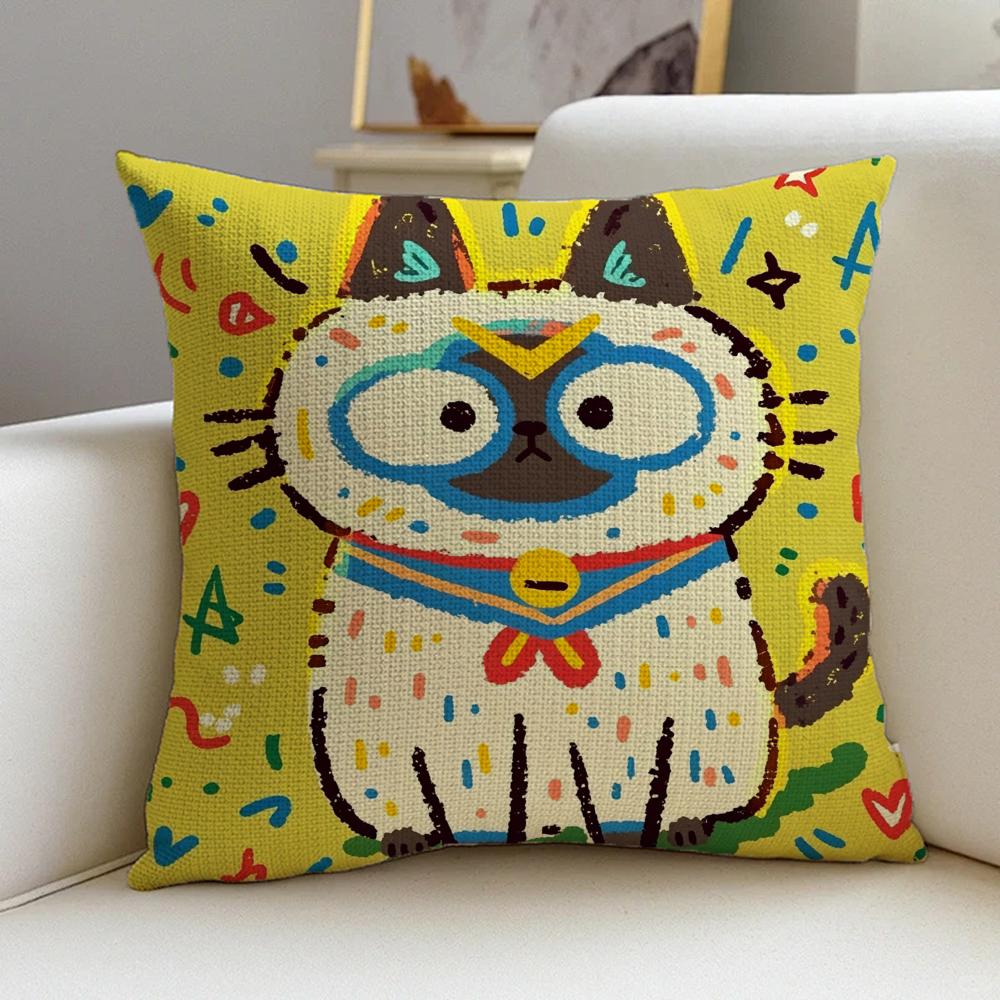 1P-Spring Day Cats Cushion Cover Cushion Cover Pillowcase, Anti-Mite Invisible Zipper, Linen Sofa Cushion