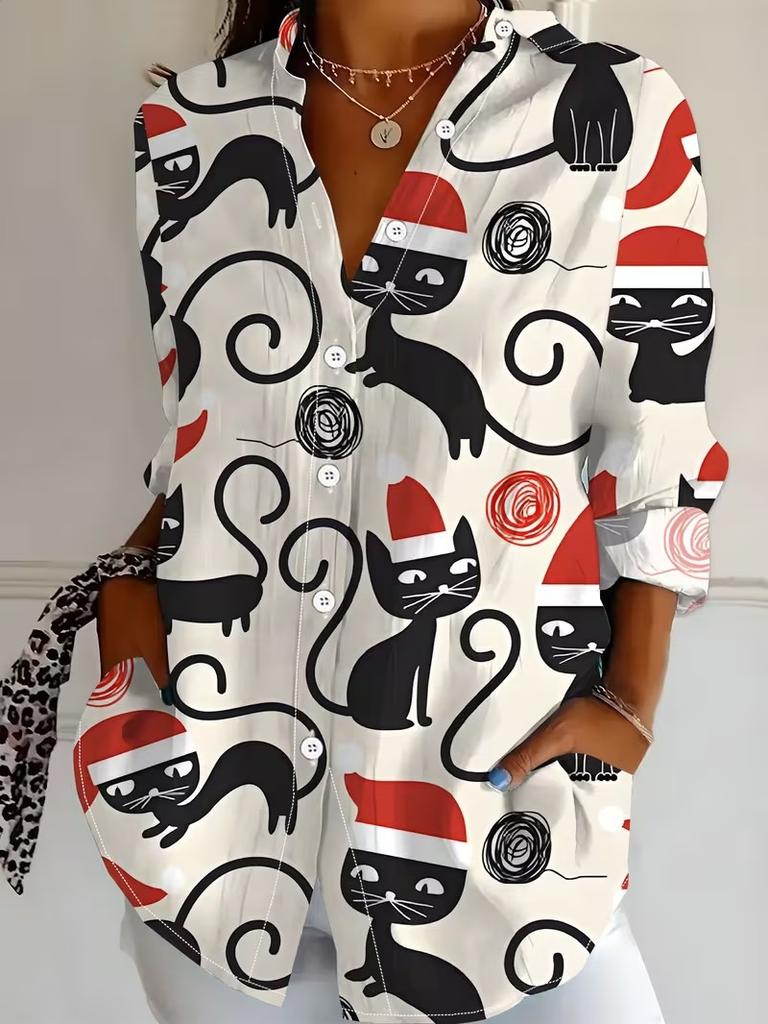 Women 2026 Long Sleeve Shirt Fashion Christmas Party Printing Blouse Elegant Graphic Casual Daily Wear Spring Autumn Blouse Tops