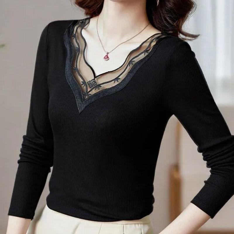 Tops for Women Pullover Long Sleeve V-neck  Autumn Winter Warm Slim Thickened Lace Top