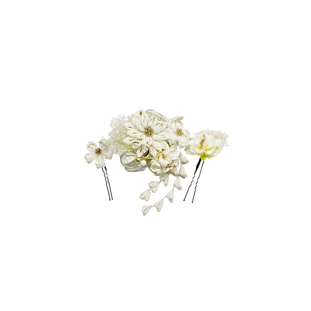 Inari Shoji Tsumami Zaiku Mizuhiki Dried Flower Hair Ornament Set for Ceremonies and Graduations (White) Coming-of-Age
