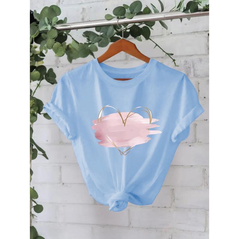 Pure Cotton Pink Heart-shaped Round-neck Loose Short-sleeved Casual Pure Cotton T-shirt