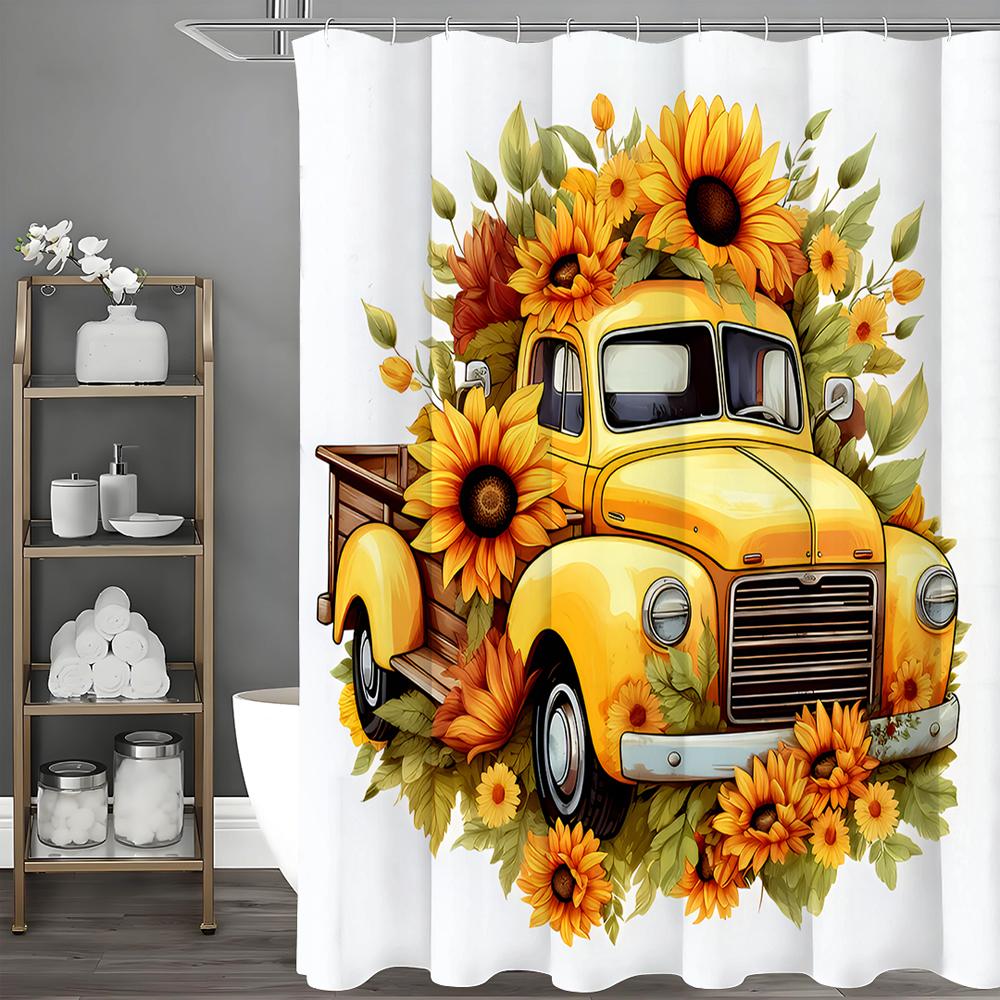 Fall Harvest Festival Sunflower Car Yellow Shower Curtain, Bathroom Decorative Shower Curtain, Waterproof Shower Curtain with Ho