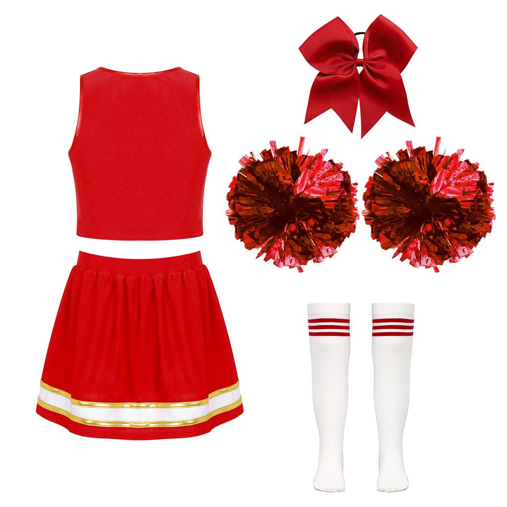 Girls Cheerleading Outfit Sleeveless V Neck Letter Print Crop Top Elastic Waist Skirt Bowknot Headwear Hand Flowers Socks