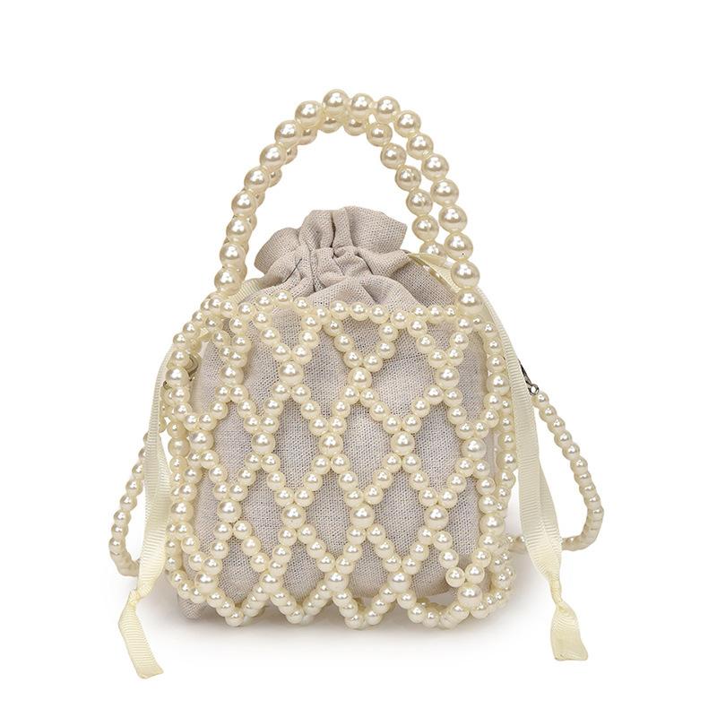 Handmade Beaded Pearl Bucket Phone Bag, Hollow Lace Design Crossbody Purse for Women, Elegant Mini Handbag