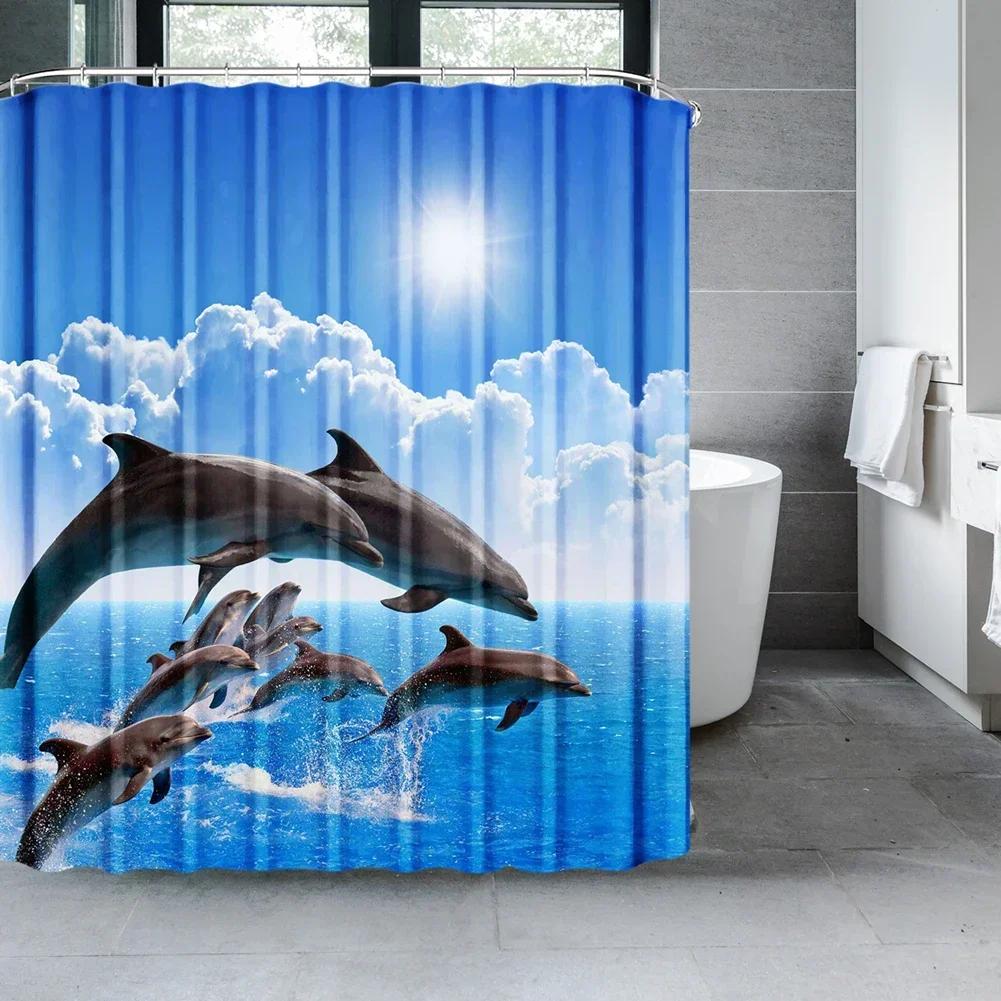 Ocean Underwater World Shower Curtains Set Dolphin Animal Cheerful Marine Life Scenery Polyester Fabric for Kids Bathroom Decor