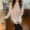 Korean Style White Long Sleeve Base Layer Plus Size Lace T-Shirt for Women, Loose Fit, Buttocks-Covering, 2026 New Arrival