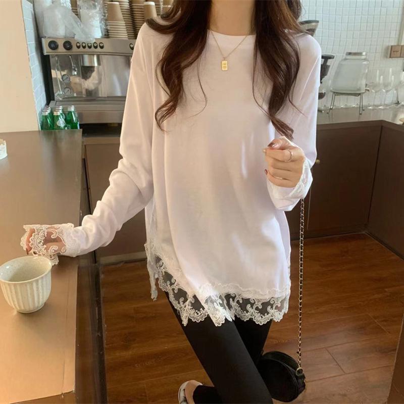 Korean Style White Long Sleeve Base Layer Plus Size Lace T-Shirt for Women, Loose Fit, Buttocks-Covering, 2026 New Arrival