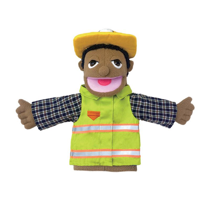 Bambola peluche burattino a mano per l'industria, burattino a mano pompiere, la bocca si muove, per accompagnare e calmare i bambini