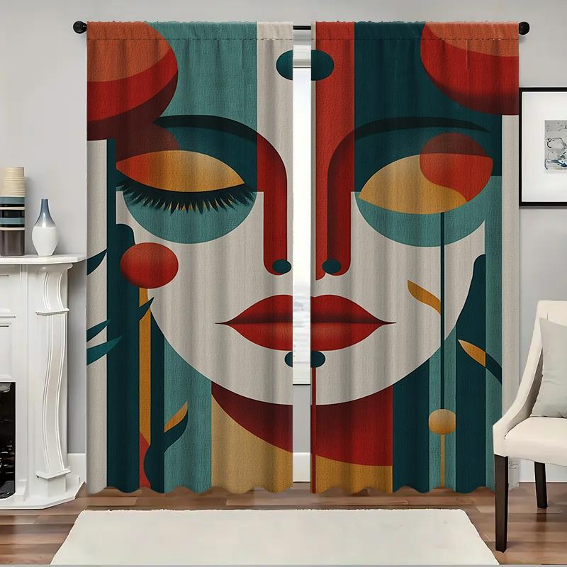 2PC Home Colorful Facial Features Curtains With Landscape Background And Pole Pocket Curtains, Kitchen, Coffee Shop, Living Room