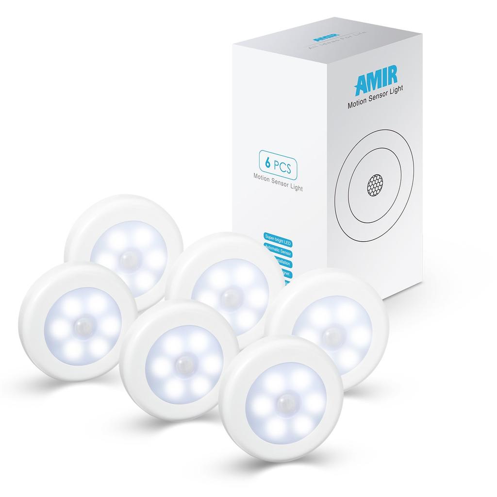 AMIR Motion Sensor Battery with Tape and Night Indoor LED Sensor Lights, Operated, Magnet, Light, Lighting, Lights, 6-Pack