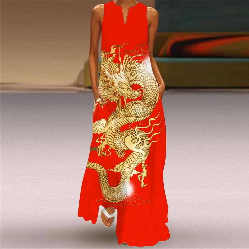 Vintage Dámské 3D tisk Boho Dlouhé šaty bez rukávů Letní móda Společenské šaty s výstřihem do V Dámské Ležérní Kapesní Tenké Vestido