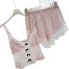 Love polka dot ice silk pajamas women's suit, sexy suspenders with chest pads, four-piece set can be worn outside, loungewear is sweet