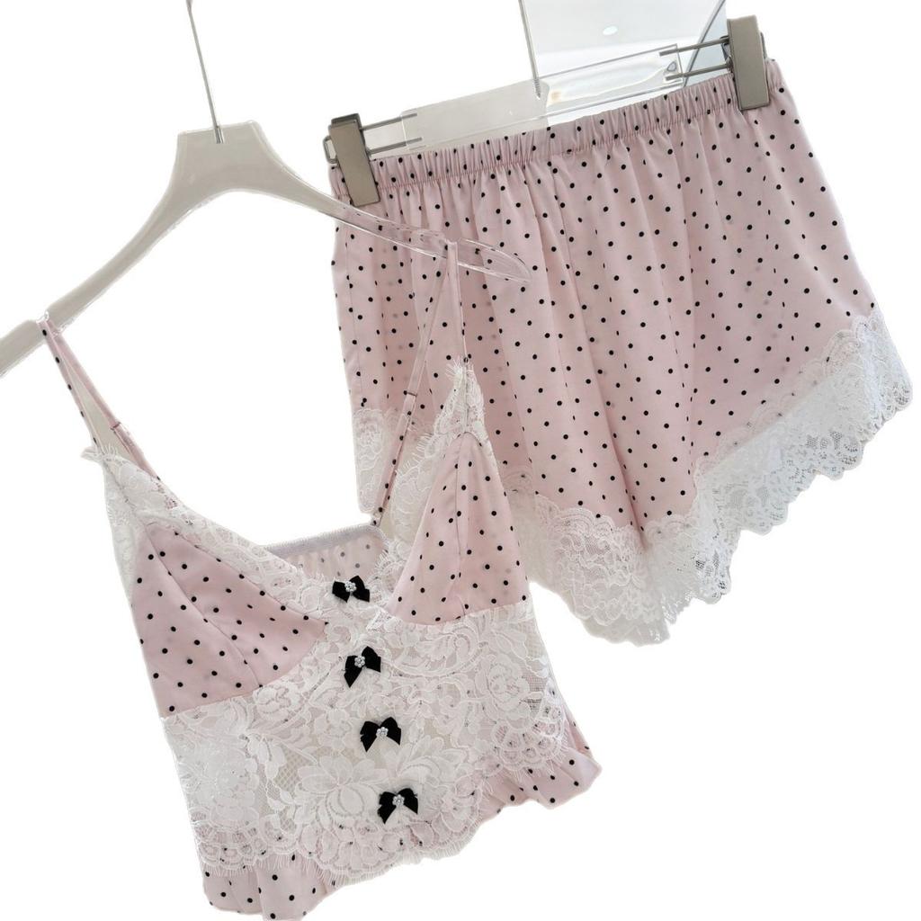Love polka dot ice silk pajamas women's suit, sexy suspenders with chest pads, four-piece set can be worn outside, loungewear is sweet