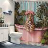 1pc Whimsical Leopard In Pink Bathtub Shower Curtain with Floral Crown & Green Plants, Surreal Home Bathroom Decor