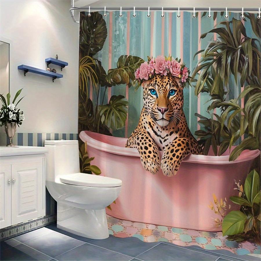 1pc Whimsical Leopard In Pink Bathtub Shower Curtain with Floral Crown & Green Plants, Surreal Home Bathroom Decor