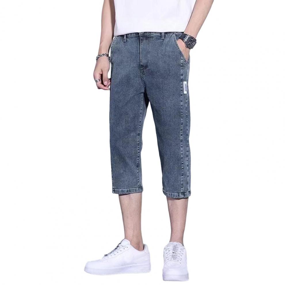 Binchi Keji Travel Heren Korte Jeans Straight-Leg Stijl Effen Kleur Mid-kuit Denim Broek Knoop Rits Gulp Zomer Dunne Korte Broek M donkerblauwe kleur