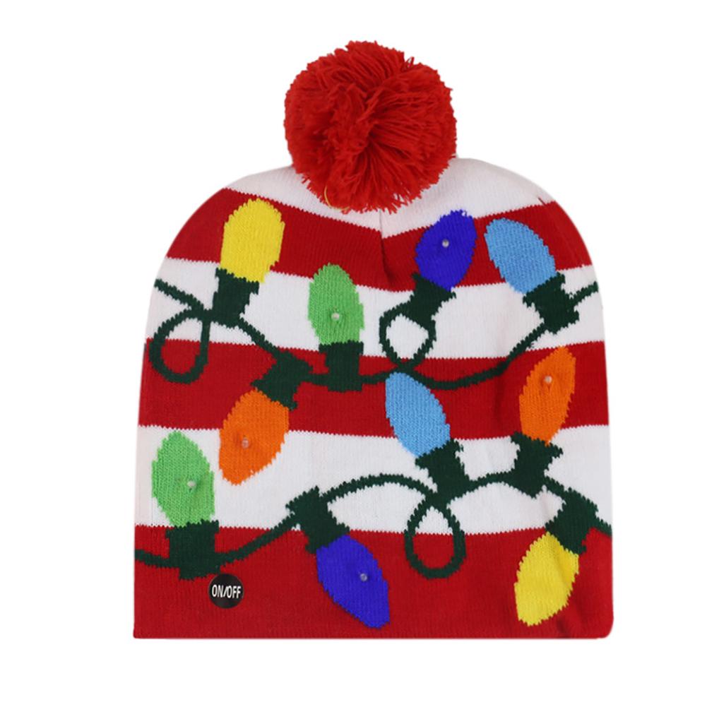 Christmas Knitting Hat Colorful LED Light Wool Ball Snowman Snowflake Elk X-mas Tree Beanies