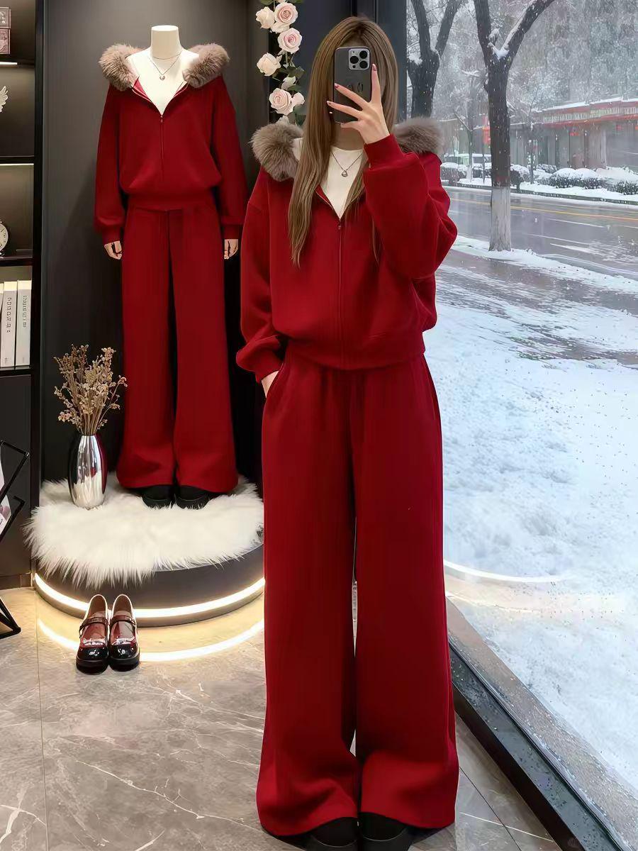 

Women s European Korean-Style Fur Collar Sports Suit - Loose Cardigan and Pants Set for Autumn/Winter 2026 S