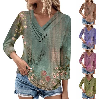 Womens 3/4 Sleeve Daily Weekend V Neck Casual Printed Tshirts Loose Fit Pleated Tees Ladies Blouse