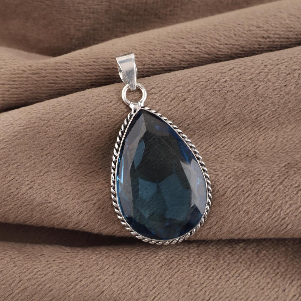 London Blue Topaz Gemstone Silver Pendant 1.8" , 925 Sterling Silver Jewelry, Handmade Stylish Pendant For Women PP-65-2