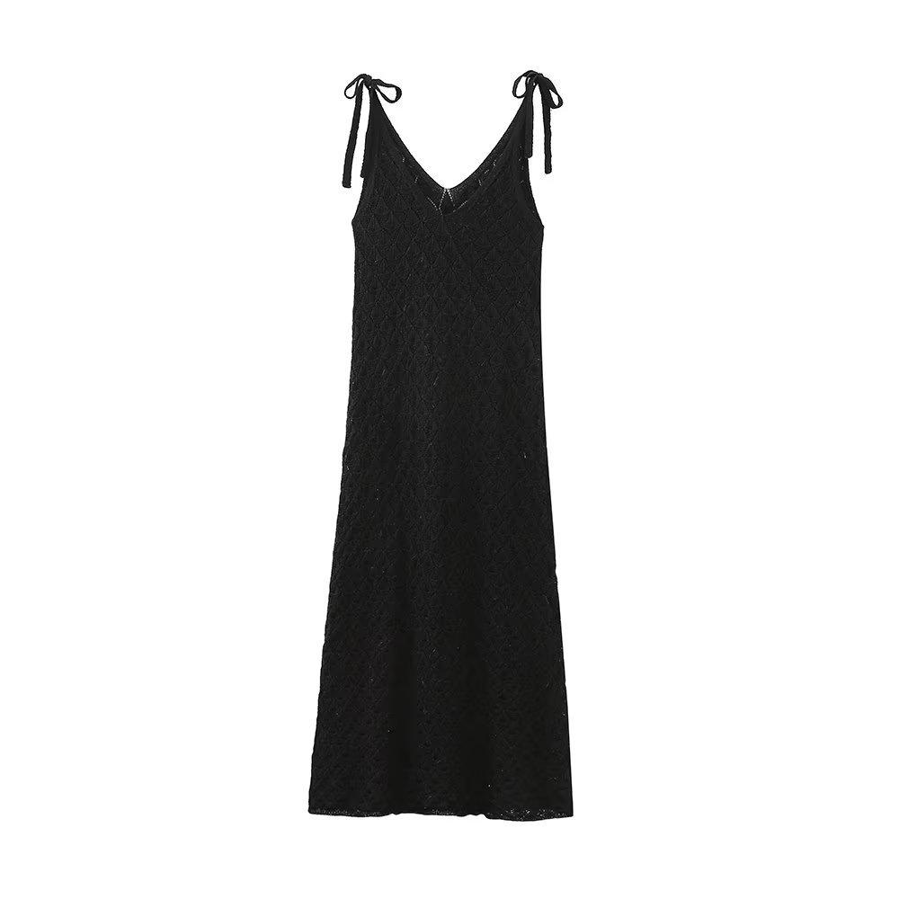 Sleeveless Backless Summer Lady Hollow Knit Dresses Women Beige Cotton Halter Dress