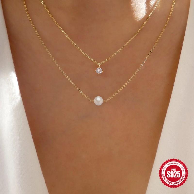 Layered Pearl Zirconia Necklace Women Sterling O-Link Chain Minimalist Chic Fashion Jewelry