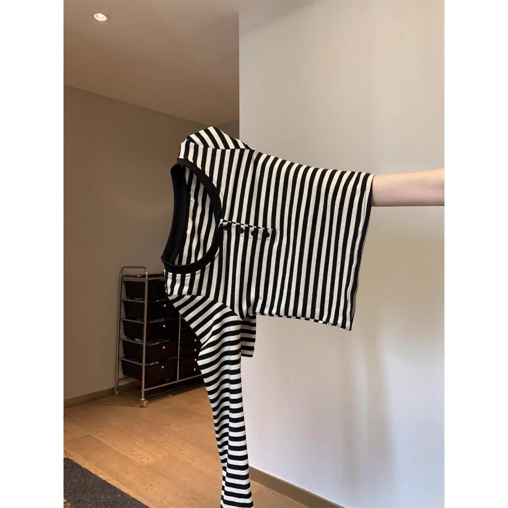 Semi Open Collar Color Block Striped Long Sleeve T Shirt Women Autumn Slim Fit Base Layer