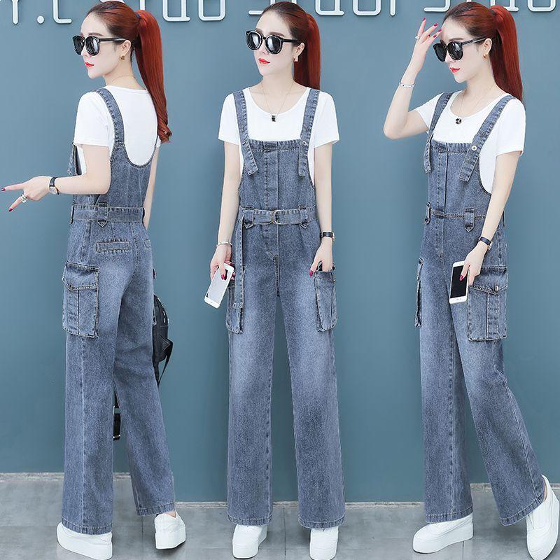 Women's 2026 Spring/Autumn Wide-Leg Denim Overalls & Pants Set