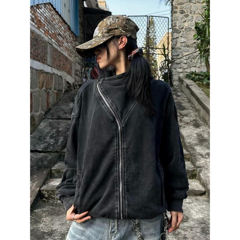 Unisex Retro Washed Black Hoodie: New Autumn Design, Loose Fit, Versatile Cardigan Outerwear.