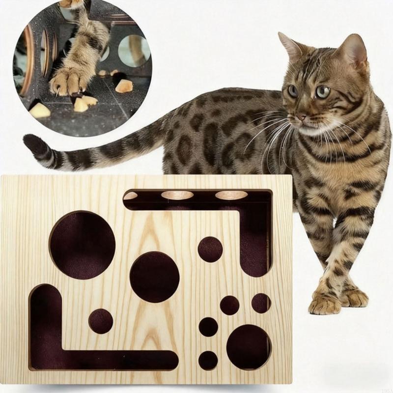 Wooden Interactive Scratch Puzzle Cats Enrichment Toy with 3 Bells Ball for Exploration Scratching Playful Entertainmen