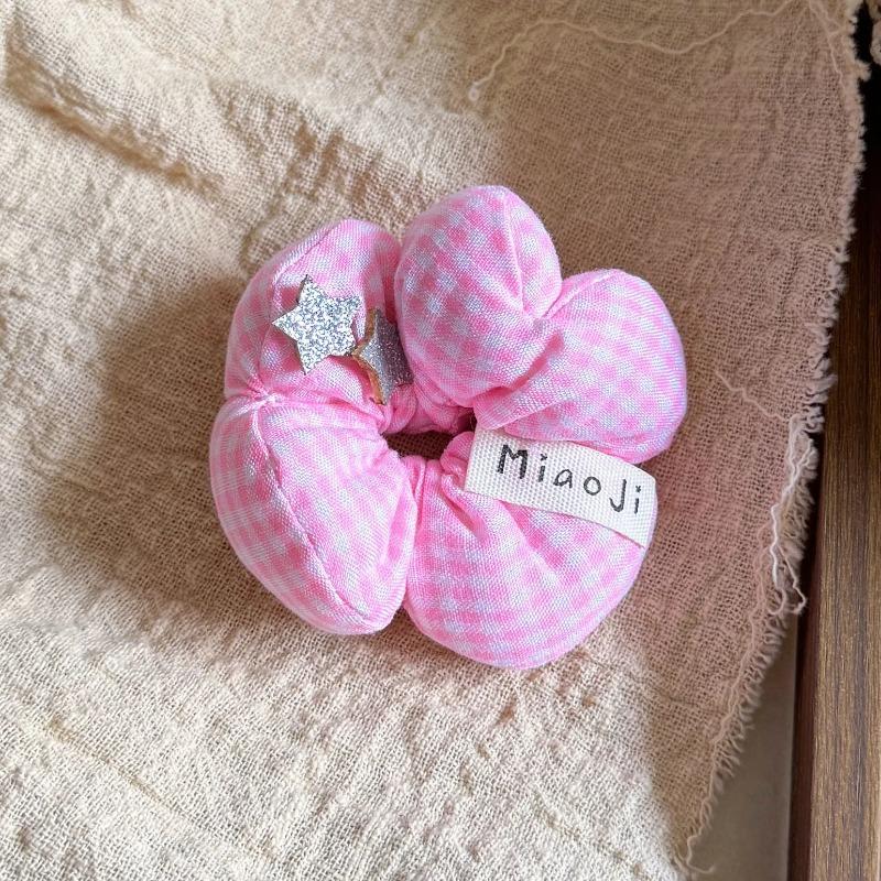 New Product Children's Cotton Floral Flower Ponytail Headband Baby Fabric Five-petal Flower Hair Band Plaid Large Intestine Ring