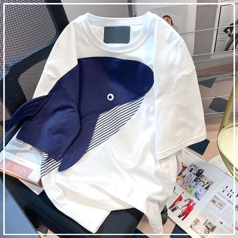 

Нишевая уникальная трехмерная футболка с синим китом для женщин, летняя, свободная, повседневная, с коротким рукавом M белый