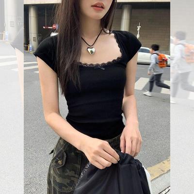 Y2k Vintage Baby Tee Cottage Lace Trim Knitted T-Shirt Summer Square Neck Short Sleeve Tee Shirt Women White Milkmaid Crop Top