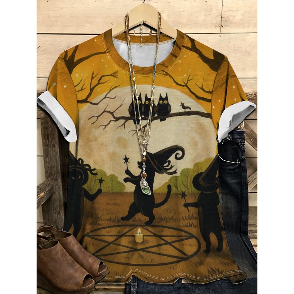 Summer Round Neck 3D Halloween Themed Pattern Print Top Fashionable Casual Short Sleeved Women's T-shirts