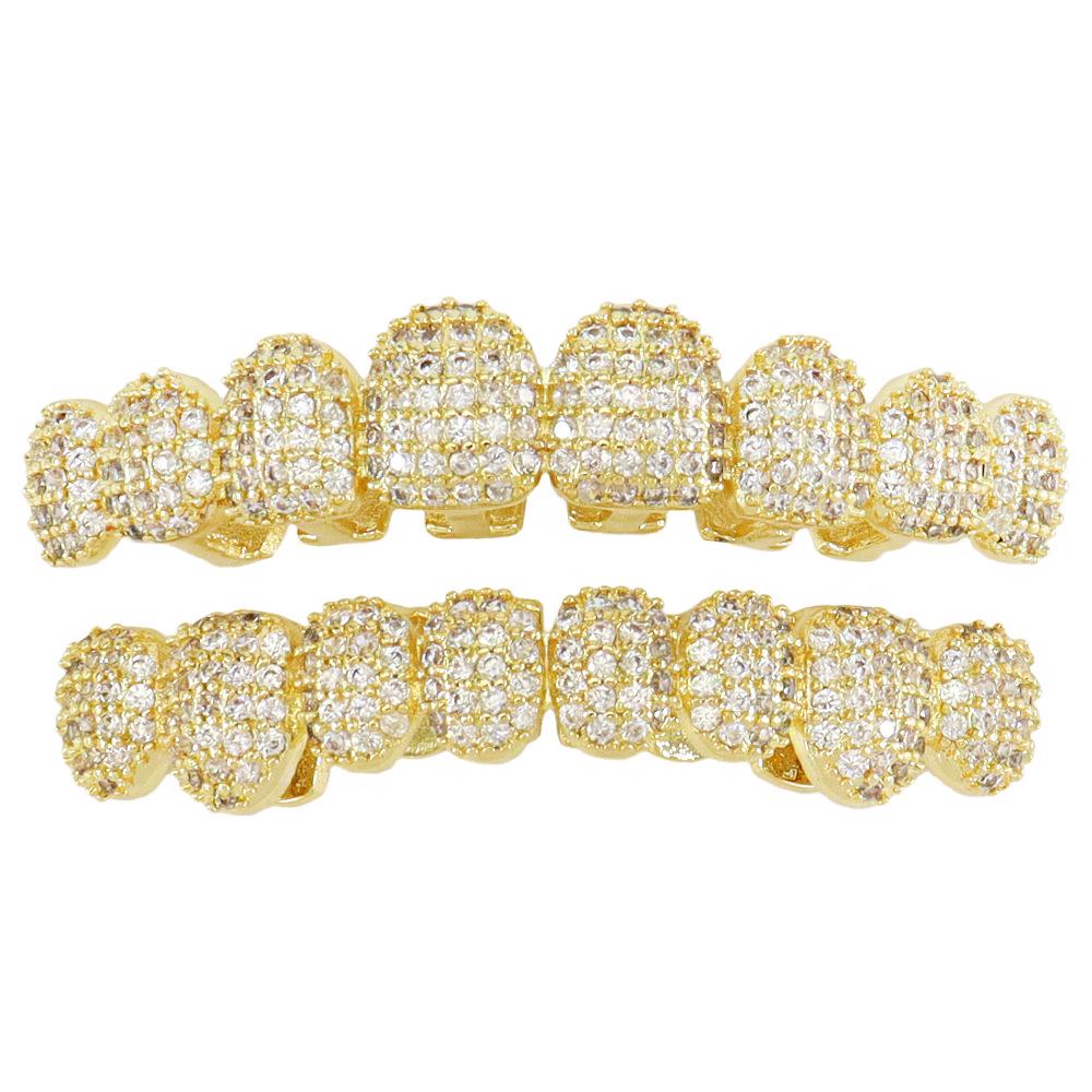 Exaggerated Eight-Tooth Gold Grillz with Copper Zirconia - Trendy European and American Hip Hop Accessory