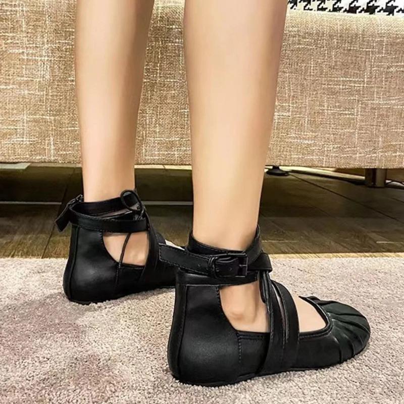 Fashion Round Toe Ankle Strap Women Mary Janes Flats 2025 Spring New Wrinkled Ballet Flats Soft Retro Walking Comfy Women Casual Shoes