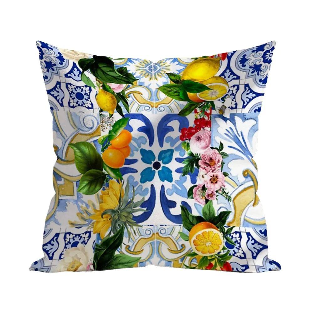 1Pc Mediterranean Citrus Tile Pillow Cover, 2D Double-Sided Polyester Cushion Case, Italian Sicilian Decor Pillowcase, Gift For Peach skin 18*18(CM)-1Pcs
