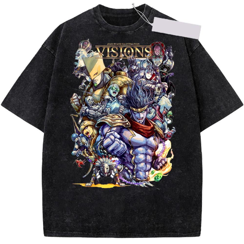 Anime Jojo's Bizarre Adventure STEEL BALL RUN Manga Vintage Camisetas Lavadas al Ácido para Hombres y Mujeres Ropa Casual Camisetas de Manga Corta